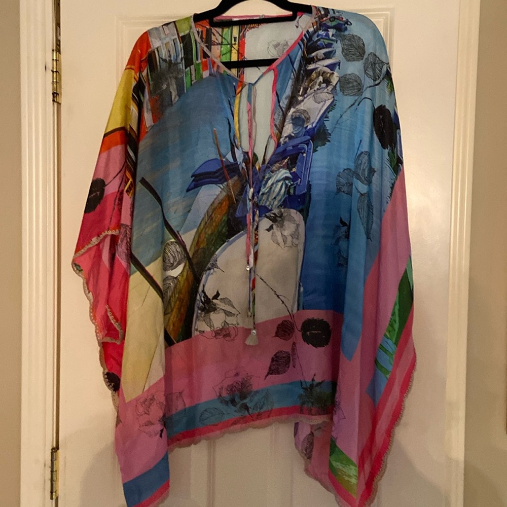 ✨Johnny Was✨ Multicolor Floral & Abstract Sheer Poncho - Blue Pink Yellow Green
